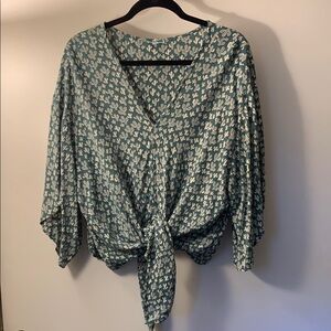 Nostalgia Green and Cream Cactus Blouse with Dolman Sleeves and Tie Front